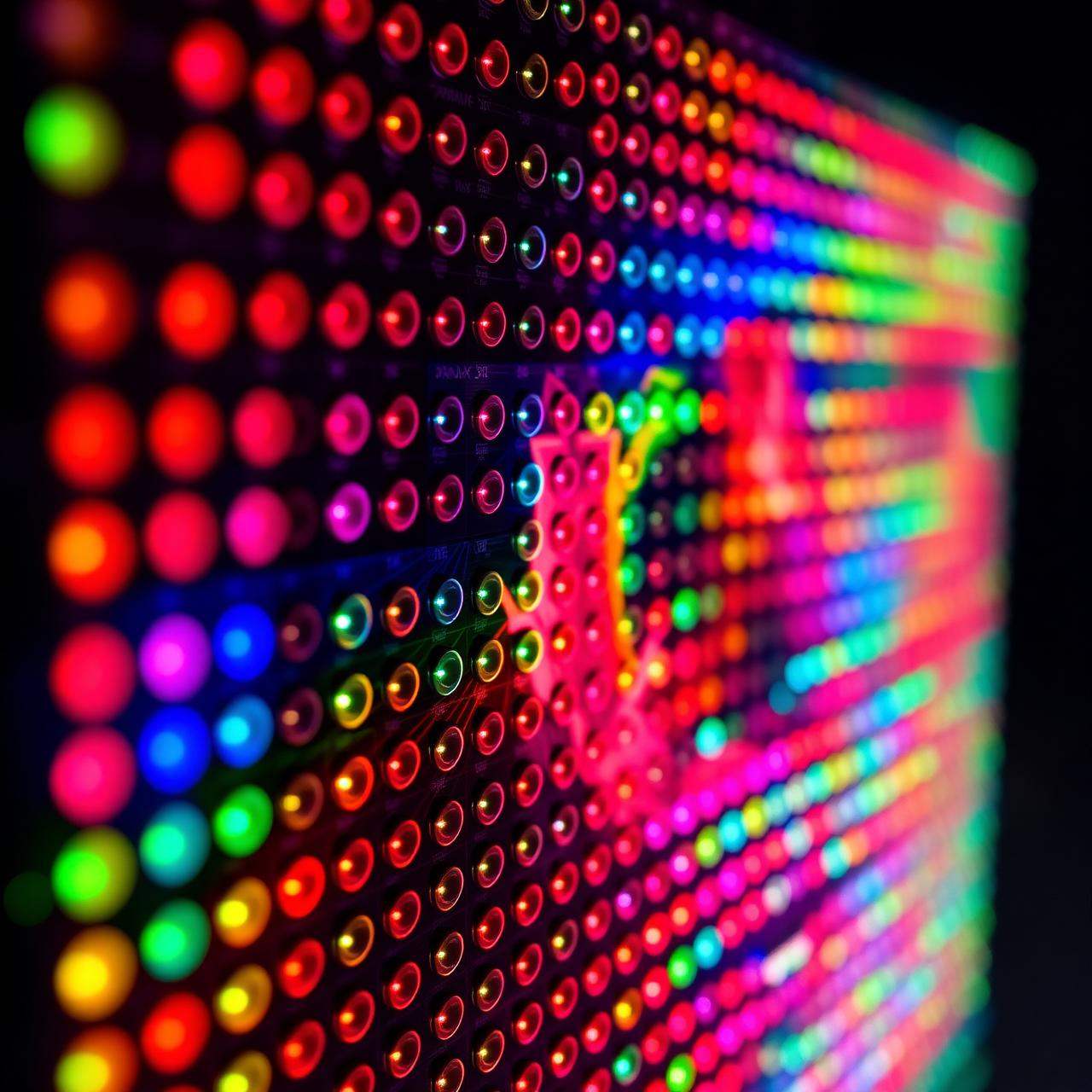 Close up of glowing RGB LED matrix